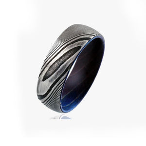 Men’s 8mm Damascus Steel Titanium Ring with purple hard wood inner sleeve, handcrafted jewelry by T.M.J.