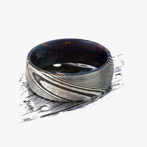 Men’s Damascus Steel Titanium Ring with purple hard wood inner sleeve, 8mm width, by T.M.J.