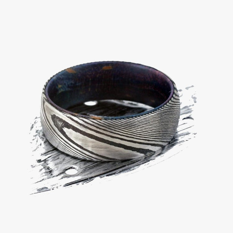 Men’s Damascus Steel Titanium Ring with purple hard wood inner sleeve, 8mm width, by T.M.J.