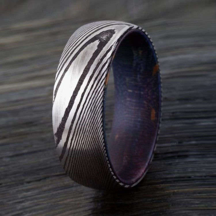 Men’s Damascus Steel Titanium Ring with Purple Hard Wood Inner Sleeve, 8mm, from T.M.J.