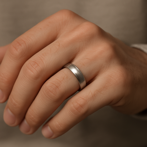 Titanium ring with polished finish and flat 6mm edge, crafted by T.M.J, showcasing smooth, shiny surface and modern design.