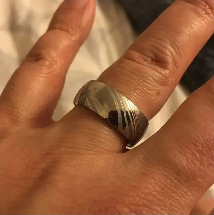 Titanium ring with Damascus steel and deer antler insert, comfort fit design, polished finish by T.M.J.