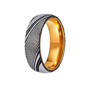 Men’s Damascus Steel comfort-fit titanium ring with gold-plated inner band, 8mm width, by T.M.J.