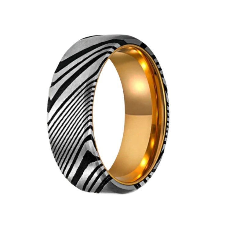 Men’s Damascus Steel titanium ring with comfort-fit design, 8mm width, gold-plated inner band, by T.M.J.