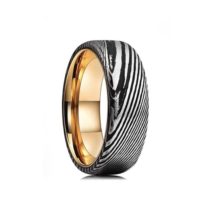 Men’s Damascus Steel Comfort-Fit Titanium Ring with gold-plated inner band, 8mm width, by T.M.J.