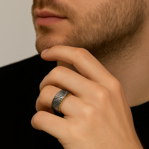 Men’s Damascus steel comfort-fit titanium ring with gold-plated inner band, 8mm width, stylish and durable jewelry by T.M.J.