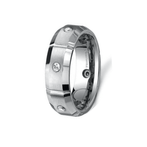Silver tungsten carbide beveled edge ring with stone set, 8mm wide, from T.M.J, showcasing a sleek, polished finish and detailed design.