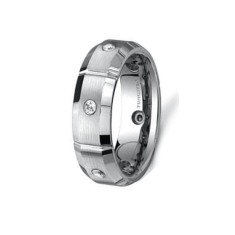 Silver tungsten carbide beveled edge ring with stone set, 8mm wide, from T.M.J, showcasing a sleek, polished finish and detailed design.