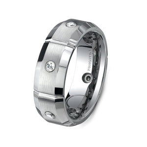 Silver tungsten carbide beveled edge ring with stone setting, 8mm width, by T.M.J, featuring a sleek, polished design and subtle sparkle.