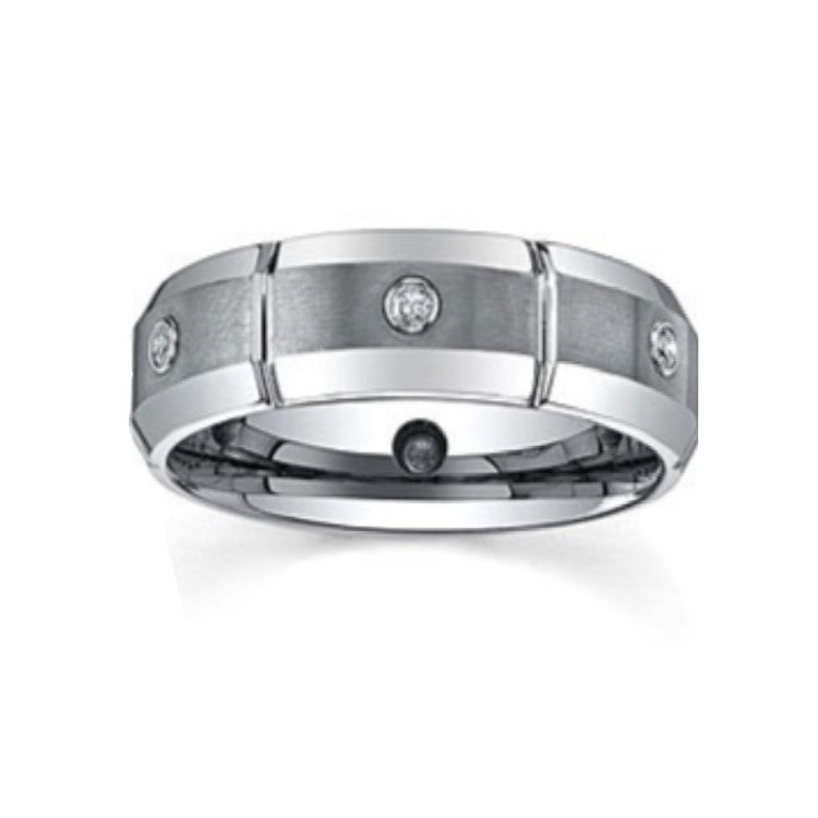 Silver Tungsten Carbide Beveled Edge Ring with stone set, 8mm width, T.M.J brand, showcasing a sleek beveled design and sparkling accents.