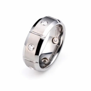 Silver Tungsten Carbide Beveled Edge Ring with Stone Set, 8mm width, by T.M.J, featuring a polished finish and detailed bevel design.