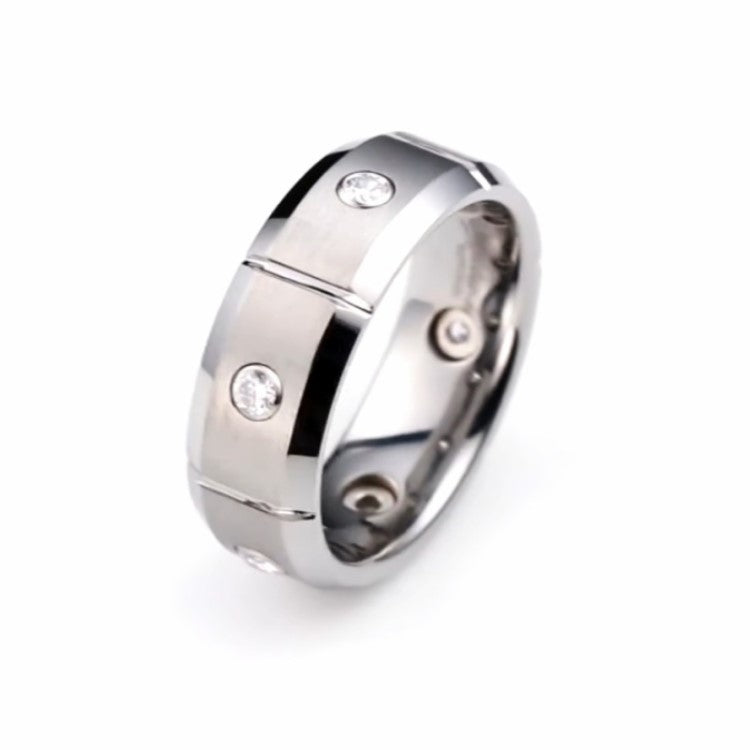 Silver Tungsten Carbide Beveled Edge Ring with Stone Set, 8mm width, by T.M.J, featuring a polished finish and detailed bevel design.