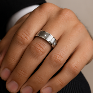 Silver tungsten carbide beveled edge ring with stone set, 8mm width, from T.M.J, featuring a sleek design and polished finish.