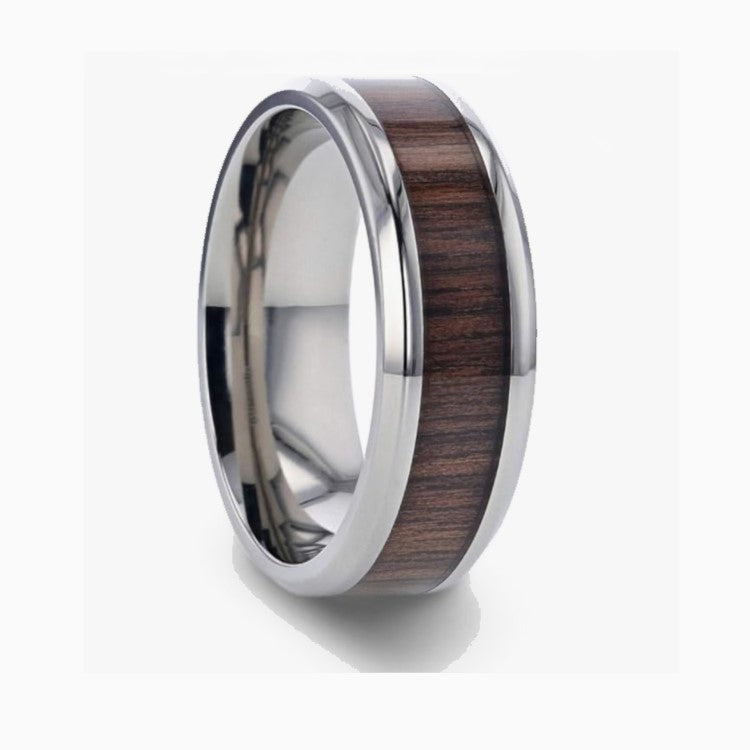 Silver tungsten carbide ring with walnut wood inlay, 8mm width, from T.M.J, featuring a sleek, polished band with natural wood accents.