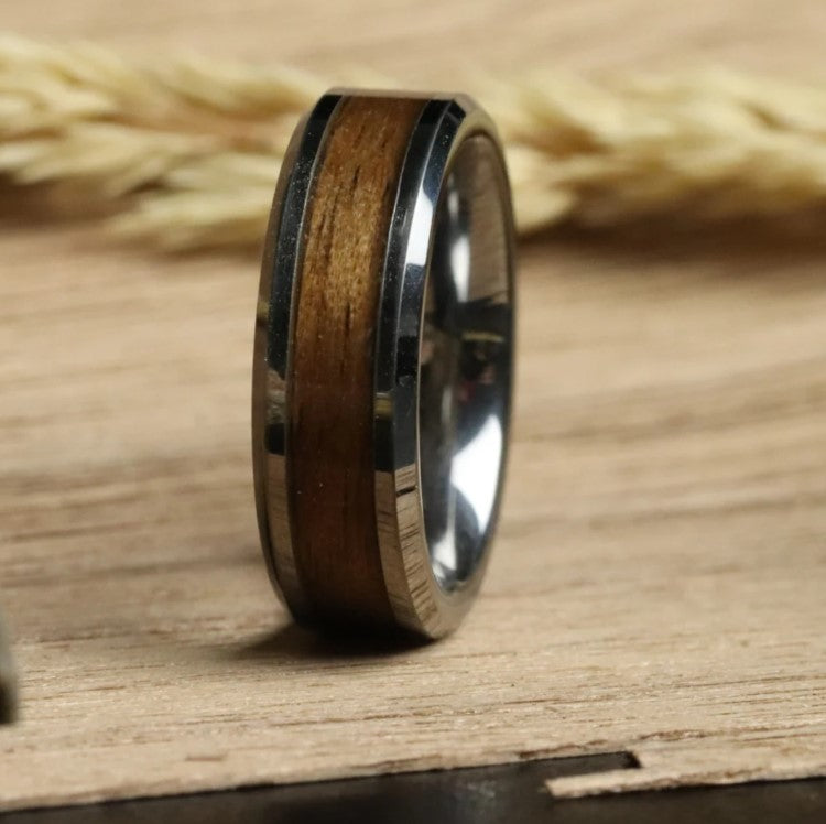 T.M.J tungsten carbide ring with oak wood inlay, beveled edges, 8mm width, showcasing the sleek design and natural wood pattern.