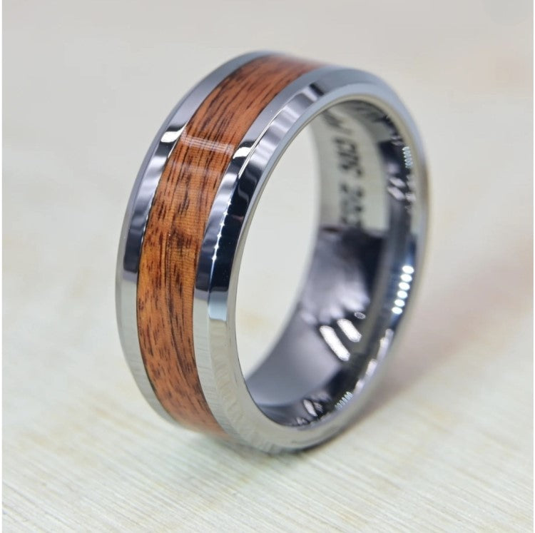 T.M.J tungsten carbide ring with oak wood inlay, beveled edges, 8mm width, featuring a sleek, modern design.