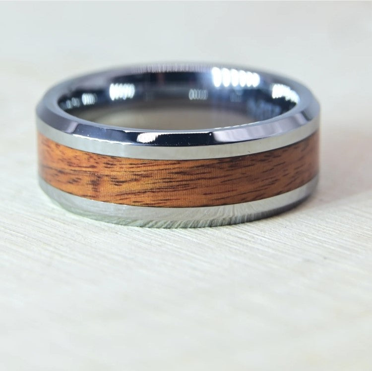 T.M.J tungsten carbide ring with oak wood inlay, beveled edges, 8mm width, showcasing sleek design and natural wood detail.