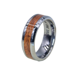 T.M.J tungsten carbide ring with oak wood inlay, beveled edges, 8mm width, showcasing a sleek, modern design.