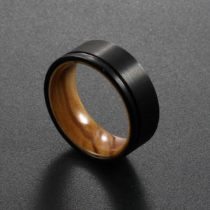 Black tungsten ring from T.M.J, The Winner series, satin finish with whiskey oak barrel design, 8mm width, authentic and stylish.