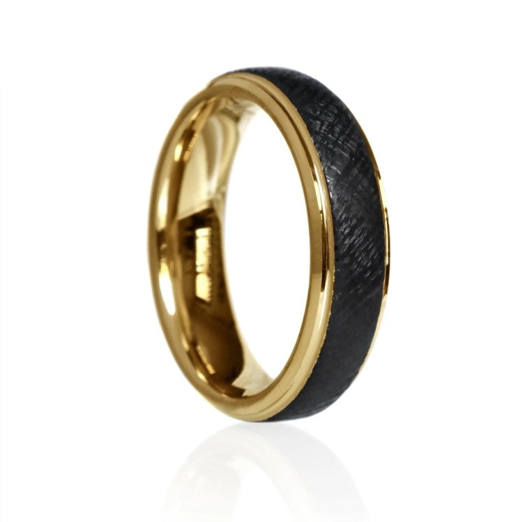 Black tungsten carbide ring with gold accent, 6mm width, T.M.J brand, featuring a sleek, polished design suitable for men's jewelry.