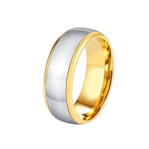 Silver tungsten carbide ring with yellow gold polished sides, 8mm width, from T.M.J, showcasing a sleek, modern design.