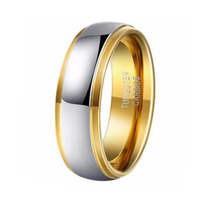 Silver tungsten carbide ring with yellow gold polished sides, 8mm band, by T.M.J, showcasing smooth, shiny finish and contrasting gold accents.
