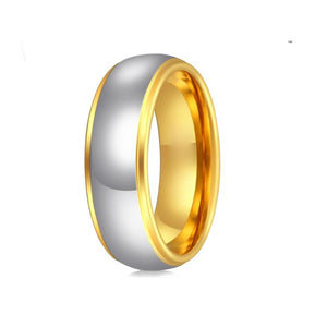 Silver tungsten carbide ring with yellow gold polished sides, 8mm wide, by T.M.J, showcasing a sleek, modern design.
