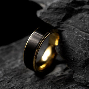 T.M.J Tungsten Rings "The Ferrari" black and gold ring with sleek design and polished finish.