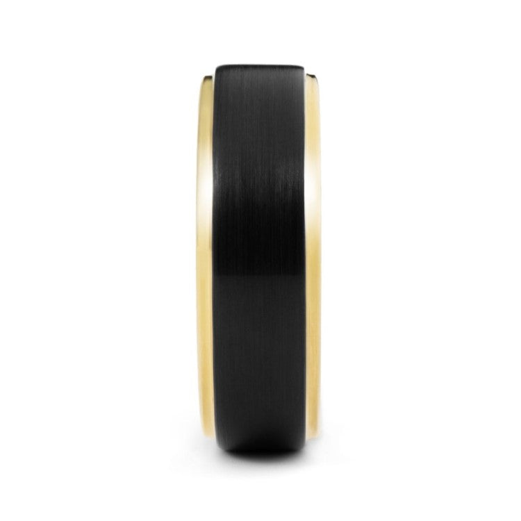T.M.J tungsten ring called "The Ferrari" featuring black and gold detailing, showcasing a sleek, polished design.