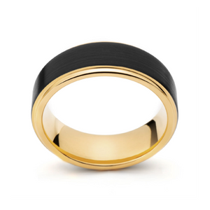 T.M.J tungsten ring called "The Ferrari" featuring black and gold tungsten with a sleek, polished finish.
