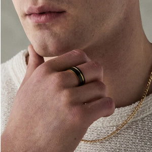 Black and rose gold tungsten carbide ring for men, 6mm wide, featuring a sleek, polished finish and T.M.J branding.