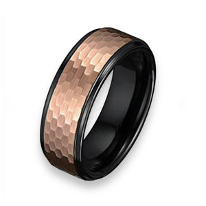 T.M.J Prince tungsten carbide band ring with black and rose gold honeycomb finish, featuring a sleek and modern design.