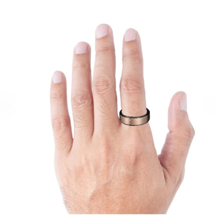 T.M.J Prince Tungsten Carbide ring with black and rose gold honeycomb finish, featuring a sleek band design.