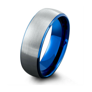 T.M.J Tungsten Ring called The Rayon Bleu featuring a sleek blue-hued tungsten band with polished finish.