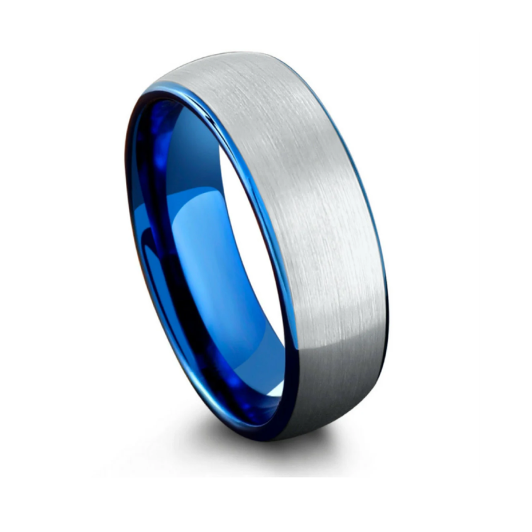 T.M.J Tungsten Ring called The Rayon Bleu featuring a sleek blue and silver tungsten design, shown close-up.