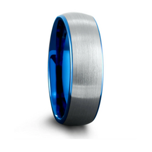 T.M.J Tungsten Ring called The Rayon Bleu, featuring a sleek blue stripe design, crafted from durable tungsten metal.