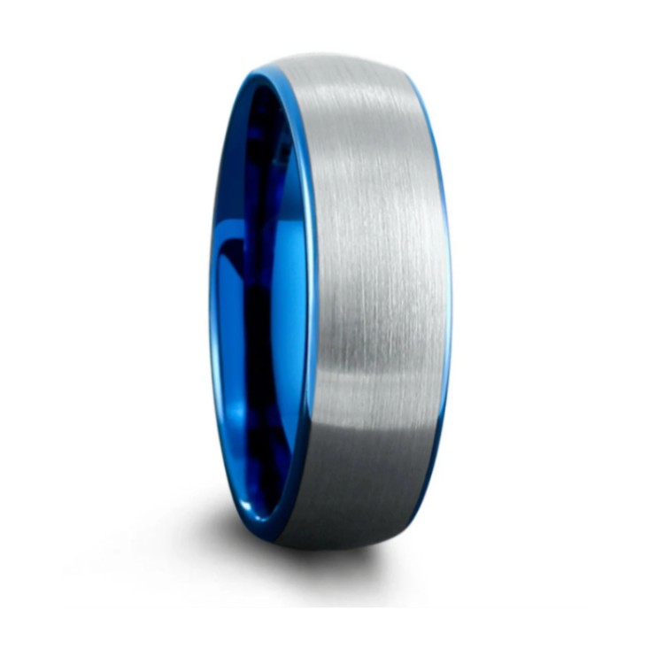 T.M.J Tungsten Ring called The Rayon Bleu, featuring a sleek blue stripe design, crafted from durable tungsten metal.