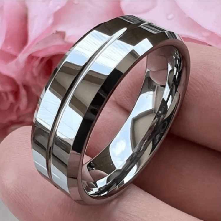 T.M.J tungsten carbide edge ring, durable and polished tungsten rings with a sleek, shiny finish for stylish wear.