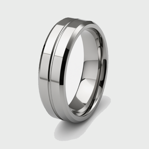 T.M.J tungsten carbide edge ring showing a sleek, polished silver band with a smooth, rounded edge design.