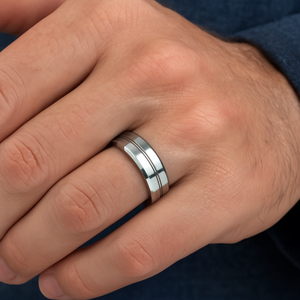 T.M.J tungsten carbide edge ring showing a sleek, polished silver band with beveled edges, designed for durability and style.