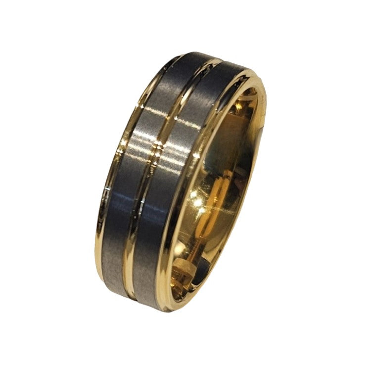 T.M.J tungsten ring with yellow gold satin finish top and polished gold edges, showcasing elegant design and craftsmanship.