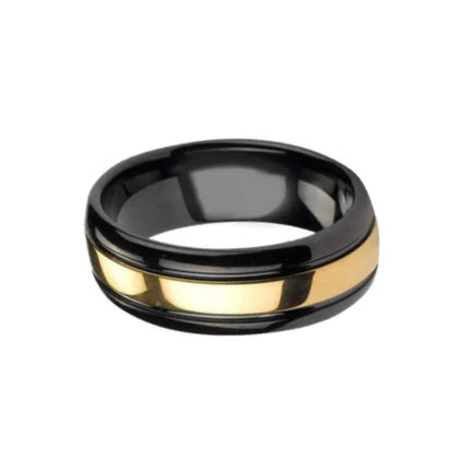 Classic black and gold tungsten carbide ring by T.M.J, featuring sleek black band with gold accents, crafted for durability and style.