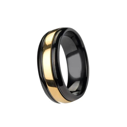 Classic black and gold tungsten carbide ring by T.M.J with sleek design and polished finish, perfect for men's wedding bands.