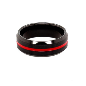Black tungsten ring with red ion plating, grooved and polished beveled edges, by T.M.J, titled "The Iron Will."