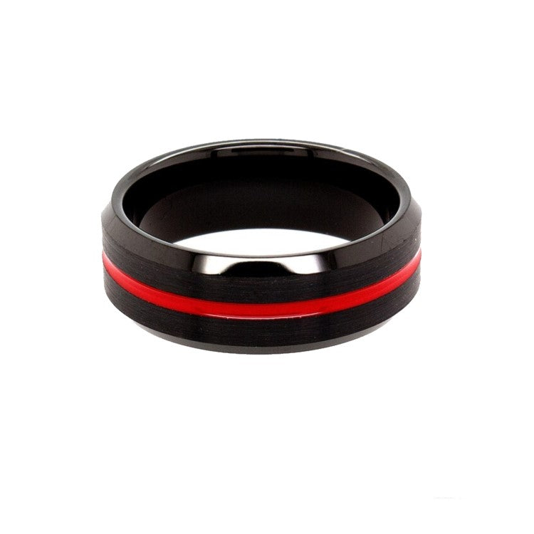 Black tungsten ring with red ion plating, grooved and polished beveled edges, by T.M.J, titled "The Iron Will."