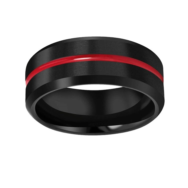 Black tungsten ring with red ion-plated groove and polished beveled edges, featuring a bold and modern design by T.M.J.