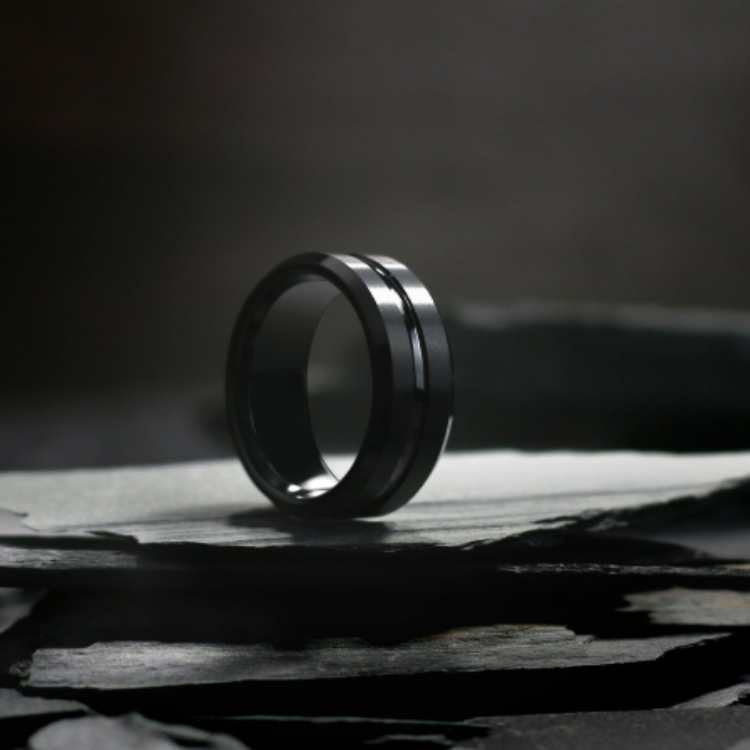 Black Zirconium Patterned Men's Ring by T.M.J, featuring a textured design and sleek finish, made from durable zirconium metal.