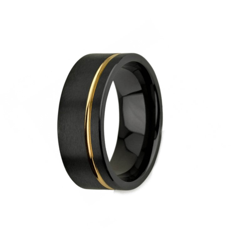 Black zirconium satin finish ring with yellow gold polish stripe, 8mm, stylish zirconium ring from T.M.J.