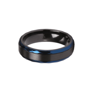 Black zirconium and blue beveled edge 8mm ring from T.M.J, featuring sleek design and polished finish.