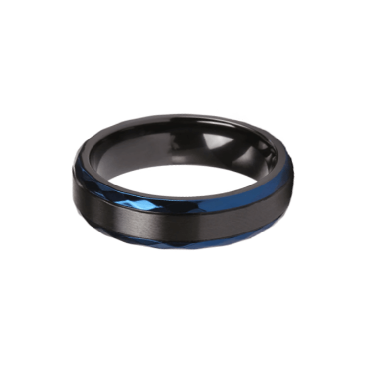 Black zirconium and blue beveled edge 8mm ring from T.M.J, featuring sleek design and polished finish.